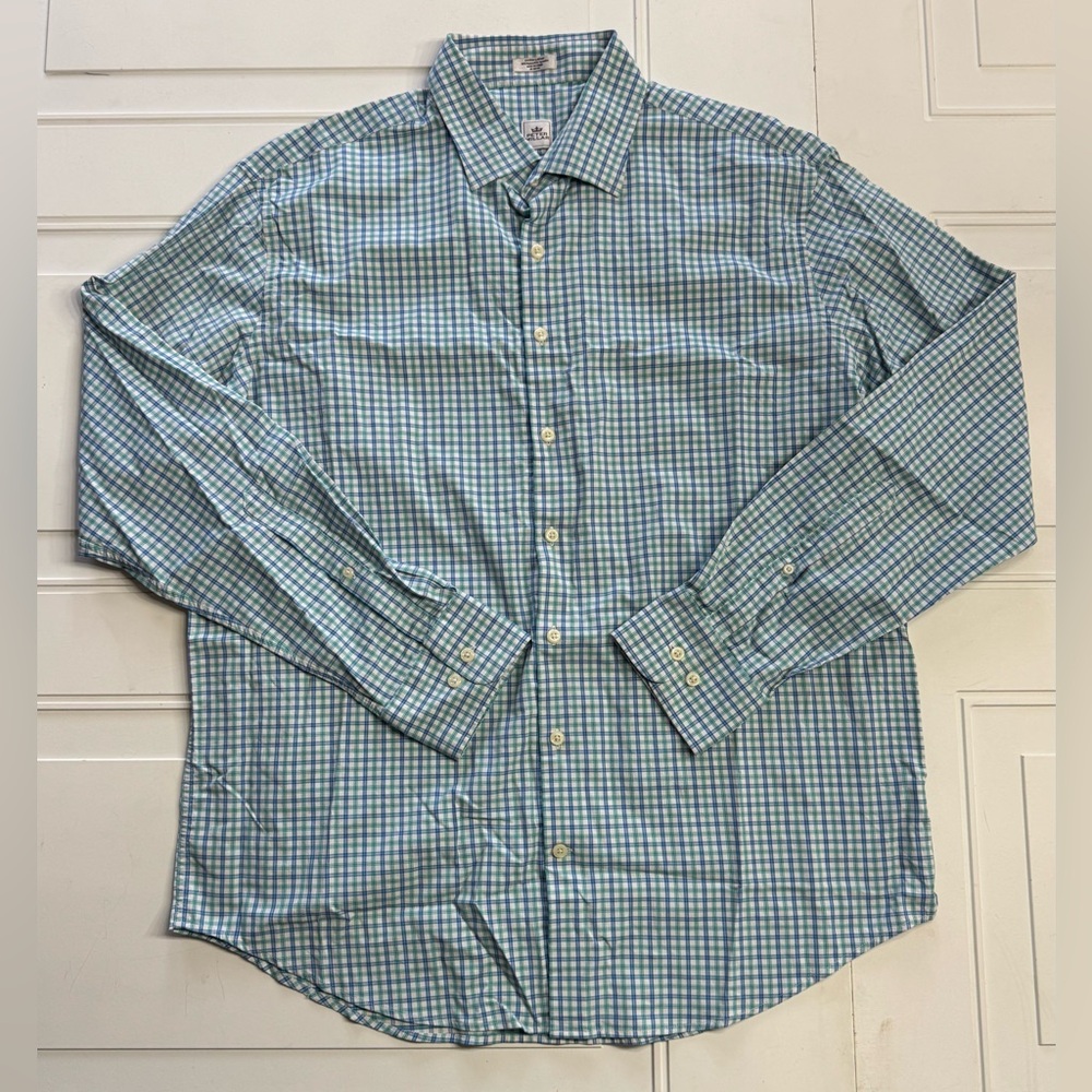 Peter Millar Crown Sport Men’s XL Blue Green Button Down Shirt Long Sleeve